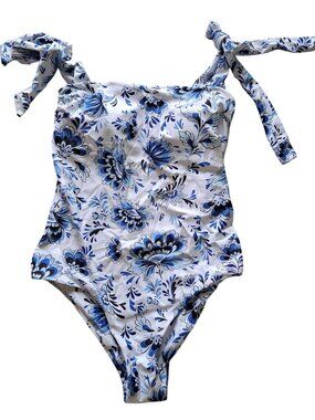 New Flaxmaker Floral Blue & White One-Piece Swimsuit Tie Straps Size Small
